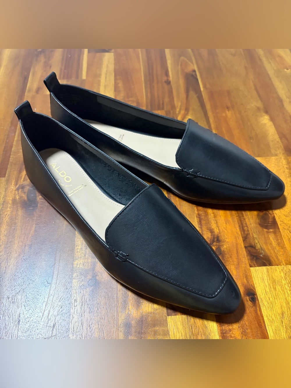 NWT. Aldo Black Pointed-Loafer genuine Leather . Relaxed fit.